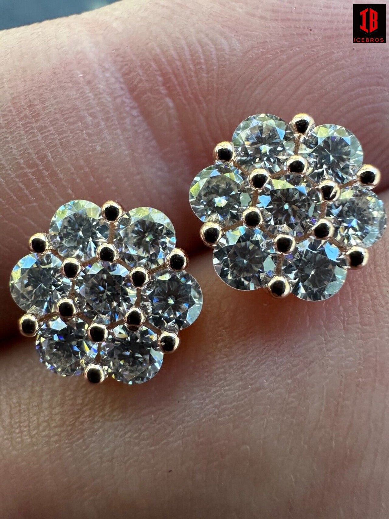 Moissanite Studs Iced Cluster Flower Set Earrings Real 14k Gold Over 925 Silver