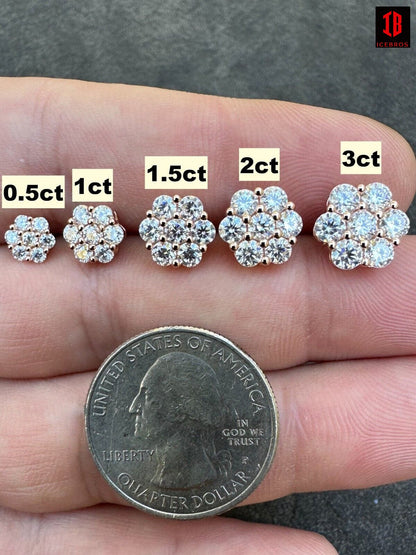 Moissanite Studs Iced Cluster Flower Set Earrings Real 14k Gold Over 925 Silver