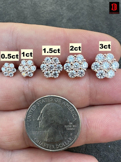 Moissanite Studs Iced Cluster Flower Set Earrings Real Rose Gold Over 925 Silver