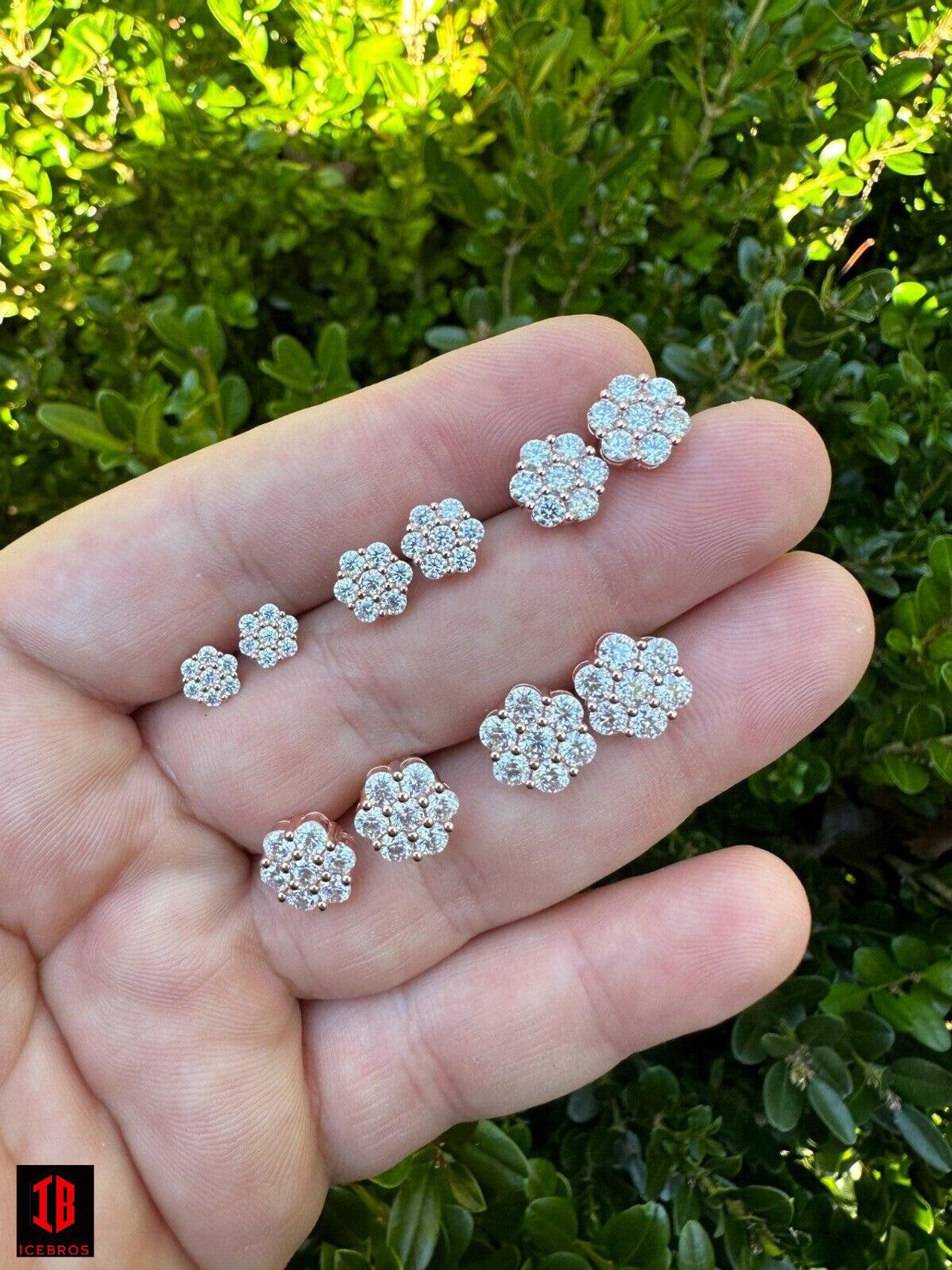 Moissanite Studs Iced Cluster Flower Set Earrings Real 14k Gold Over 925 Silver