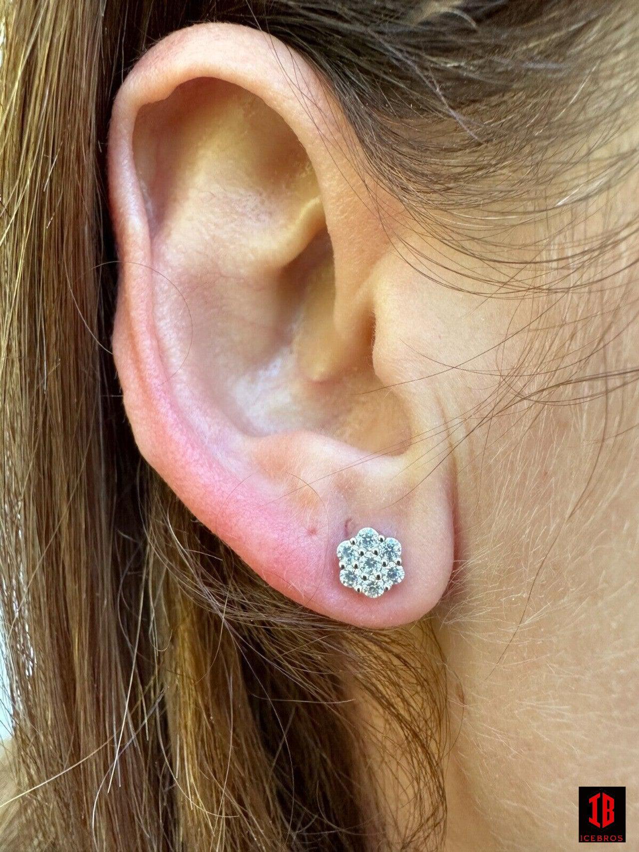 Moissanite Studs Iced Cluster Flower Set Earrings Real White Gold Over 925 Silver