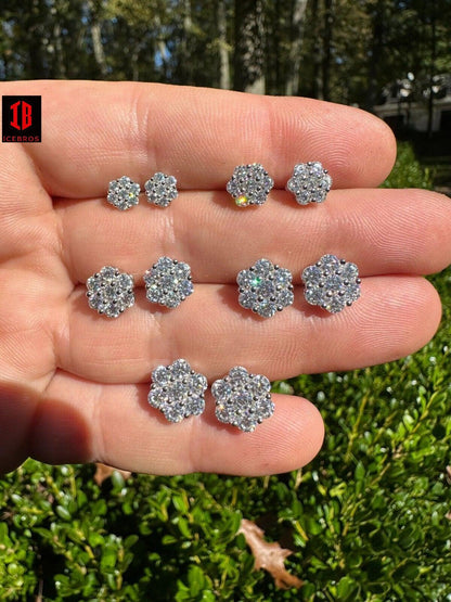 Moissanite Studs Iced Cluster Flower Set Earrings Real White Gold Over 925 Silver