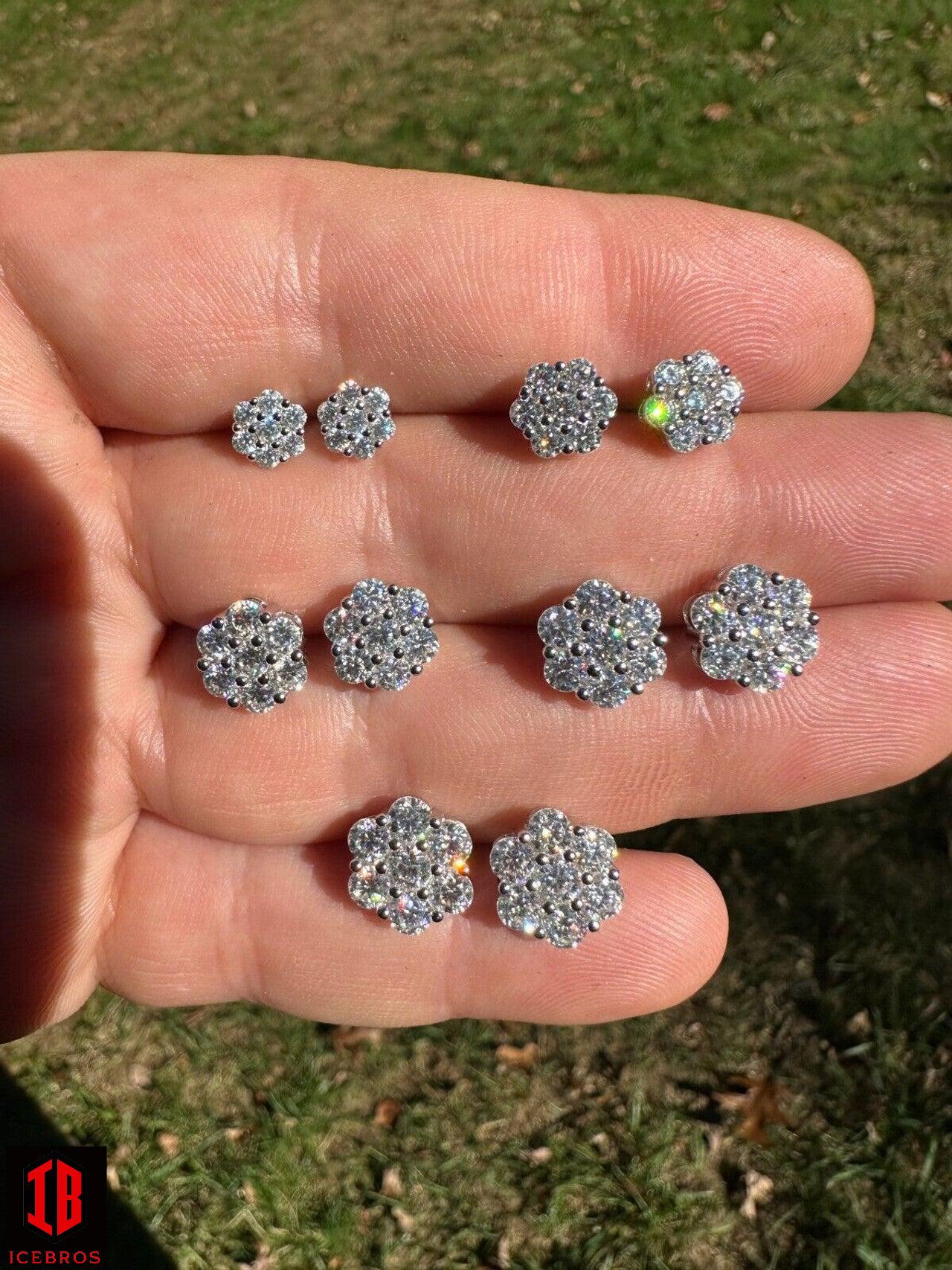 Moissanite Studs Iced Cluster Flower Set Earrings Real 14k Gold Over 925 Silver