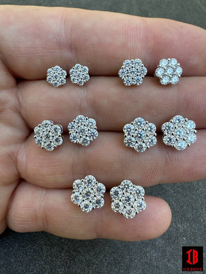 Moissanite Studs Iced Cluster Flower Set Earrings Real White Gold Over 925 Silver
