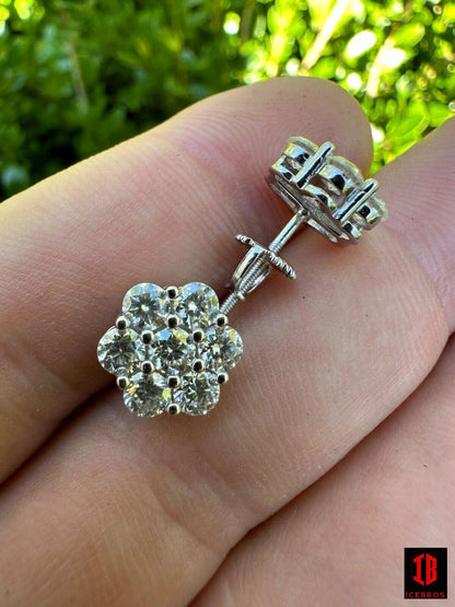 Moissanite Studs Iced Cluster Flower Set Earrings Real 14k Gold Over 925 Silver