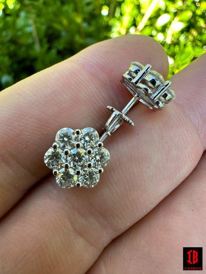 Moissanite Studs Iced Cluster Flower Set Earrings Real White Gold Over 925 Silver