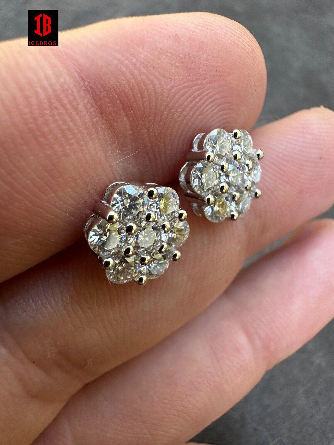 Moissanite Studs Iced Cluster Flower Set Earrings Real 14k Gold Over 925 Silver