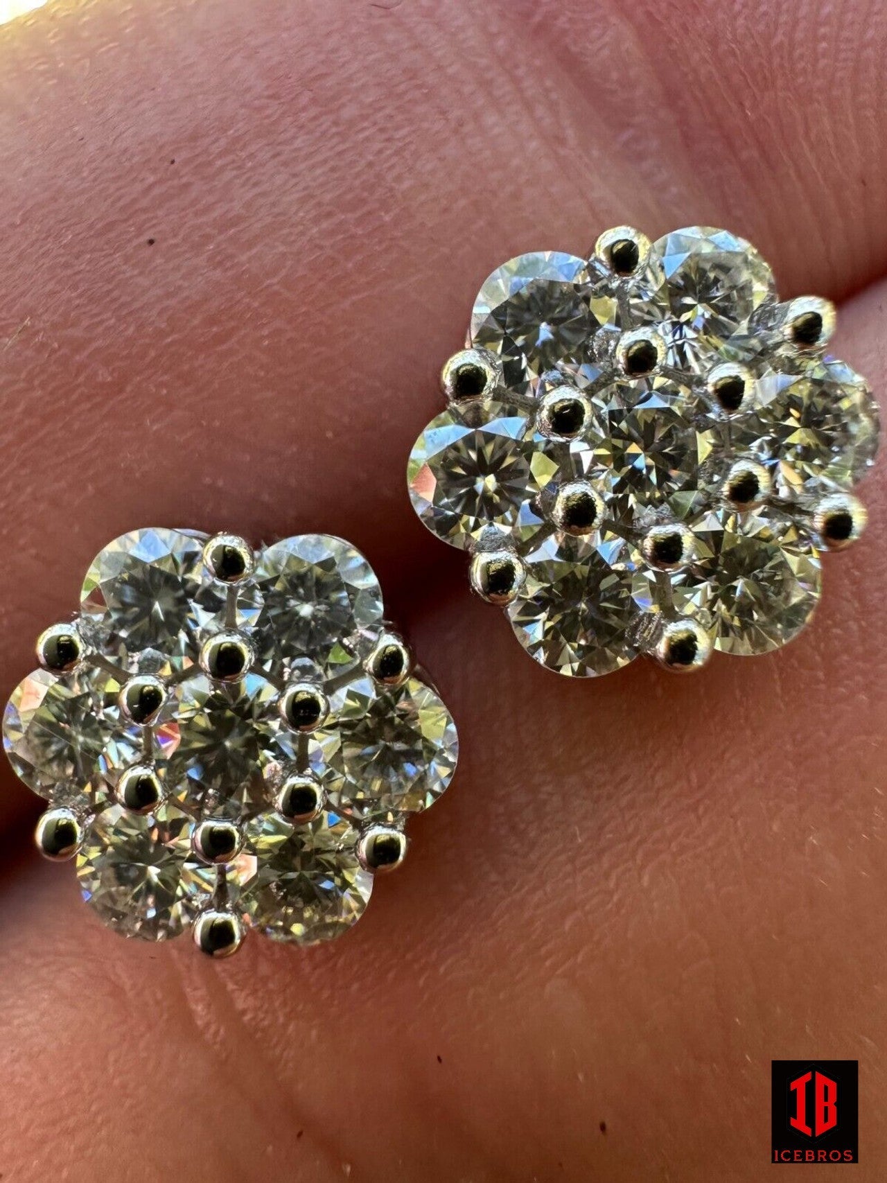 Moissanite Studs Iced Cluster Flower Set Earrings Real 14k Gold Over 925 Silver