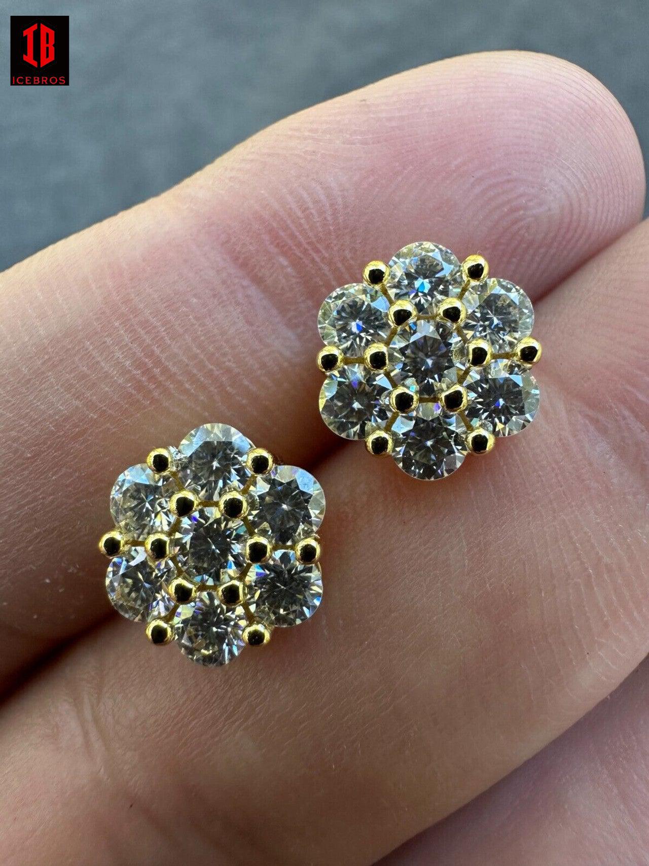 Moissanite Studs Iced Cluster Flower Set Earrings Real 14k Gold Over 925 Silver