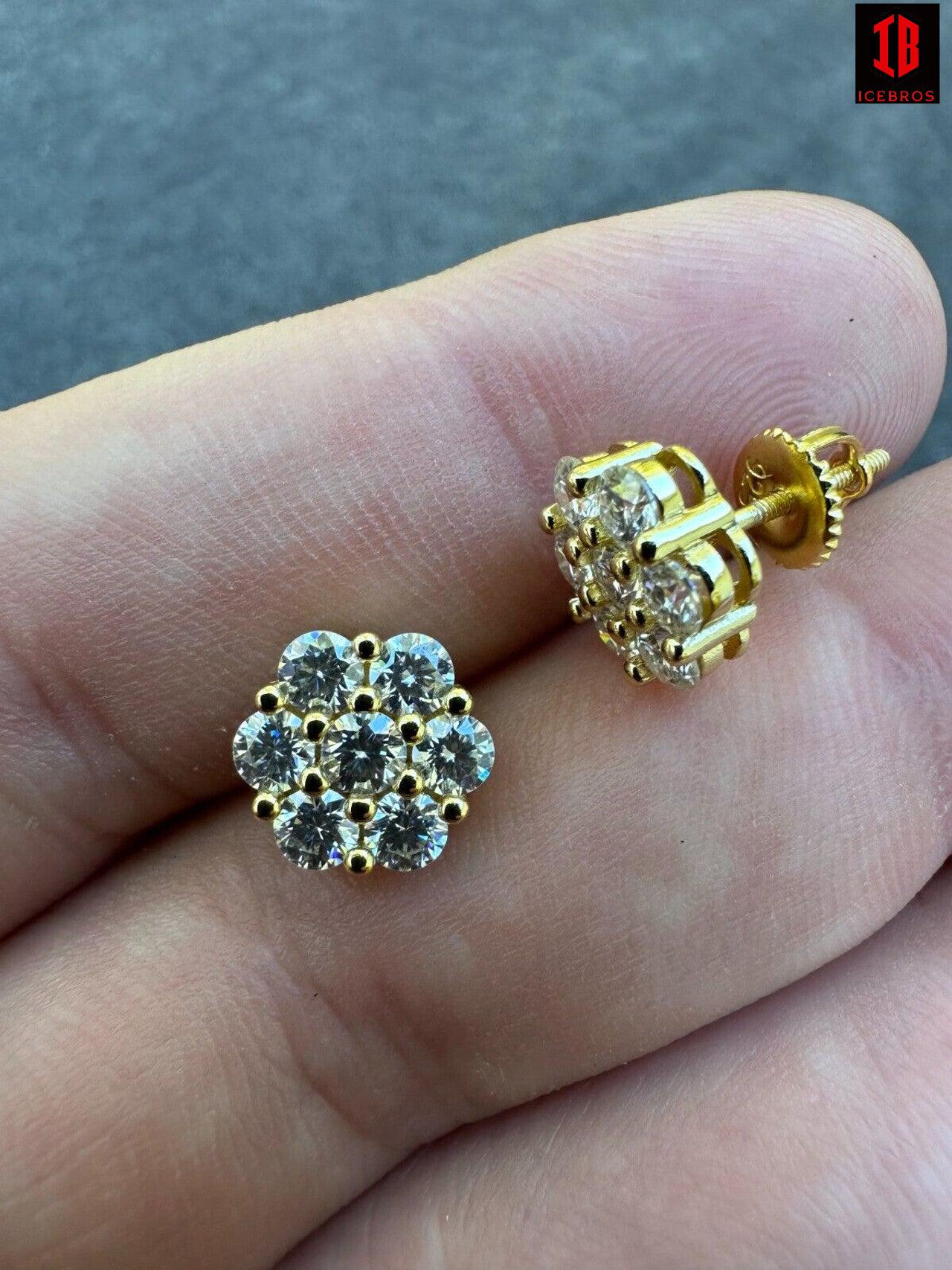 Moissanite Studs Iced Cluster Flower Set Earrings Real 14k Gold Over 925 Silver