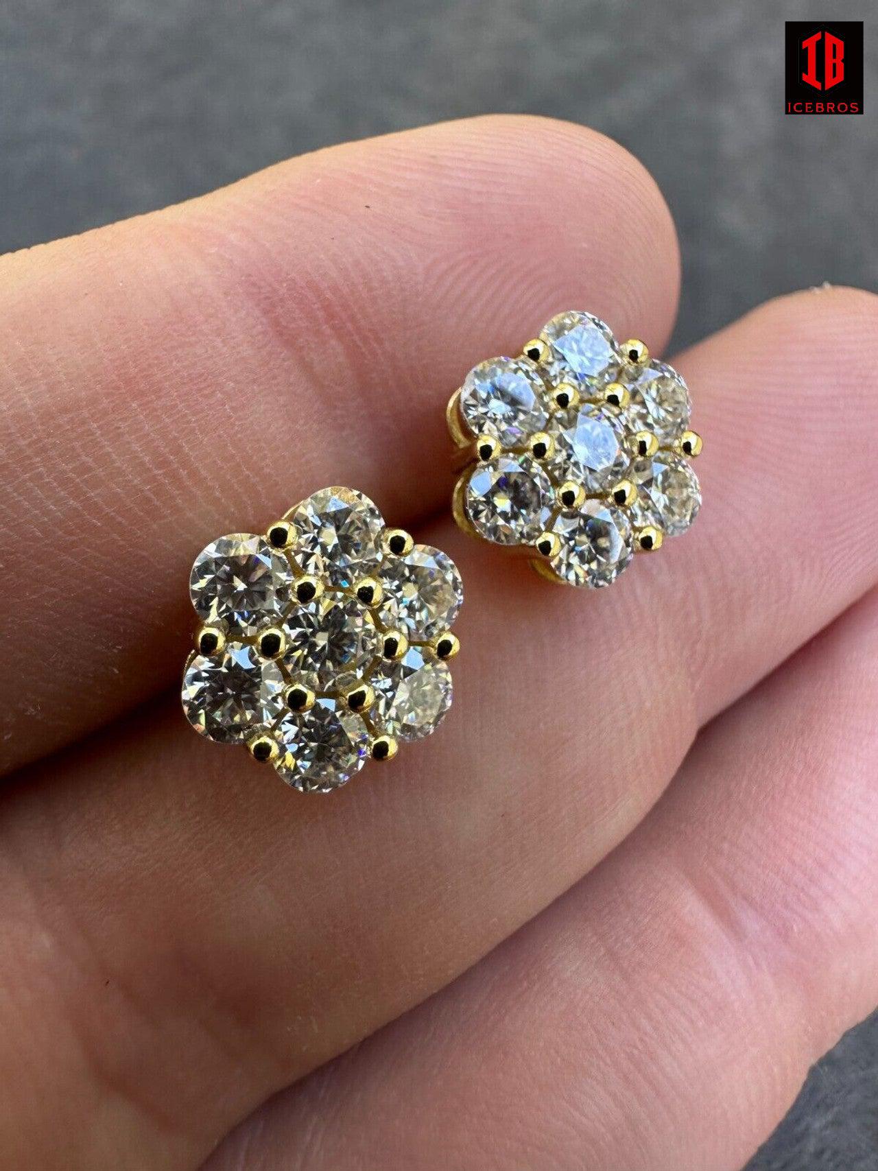 Moissanite Studs Iced Cluster Flower Set Earrings Real 14k Gold Over 925 Silver