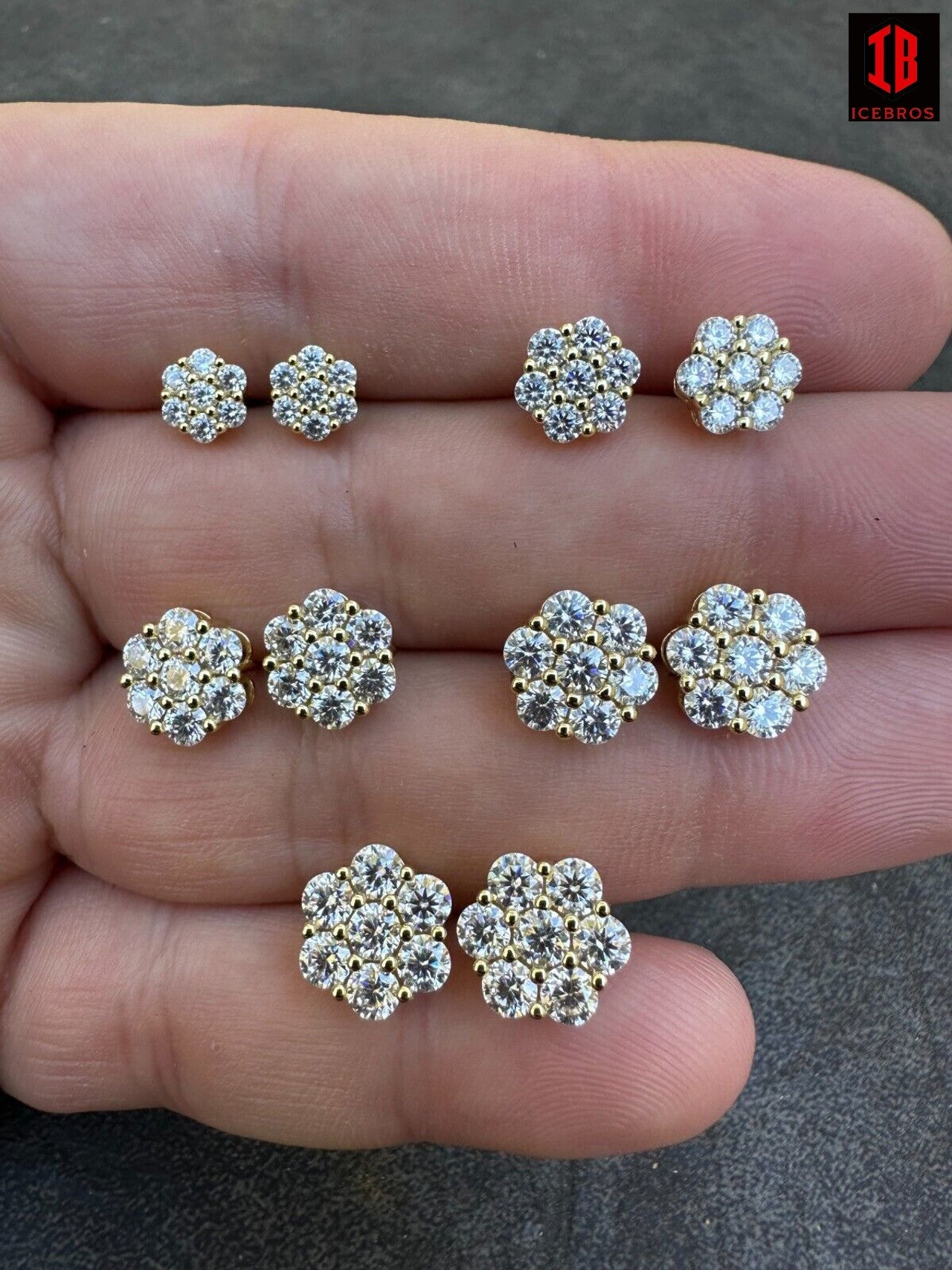 Moissanite Studs Iced Cluster Flower Set Earrings Real 14k Gold Over 925 Silver