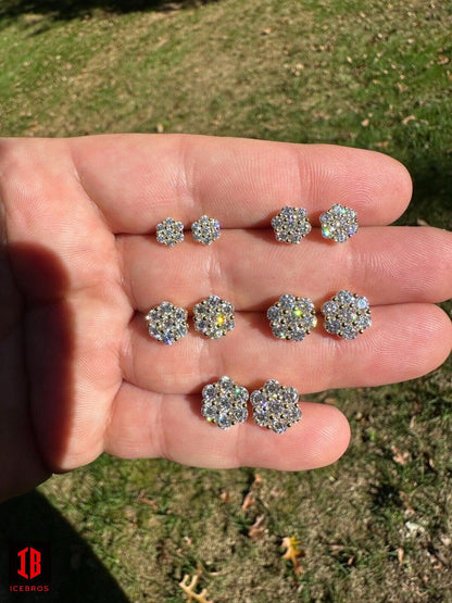 Moissanite Studs Iced Cluster Flower Set Earrings Real 14k Gold Over 925 Silver