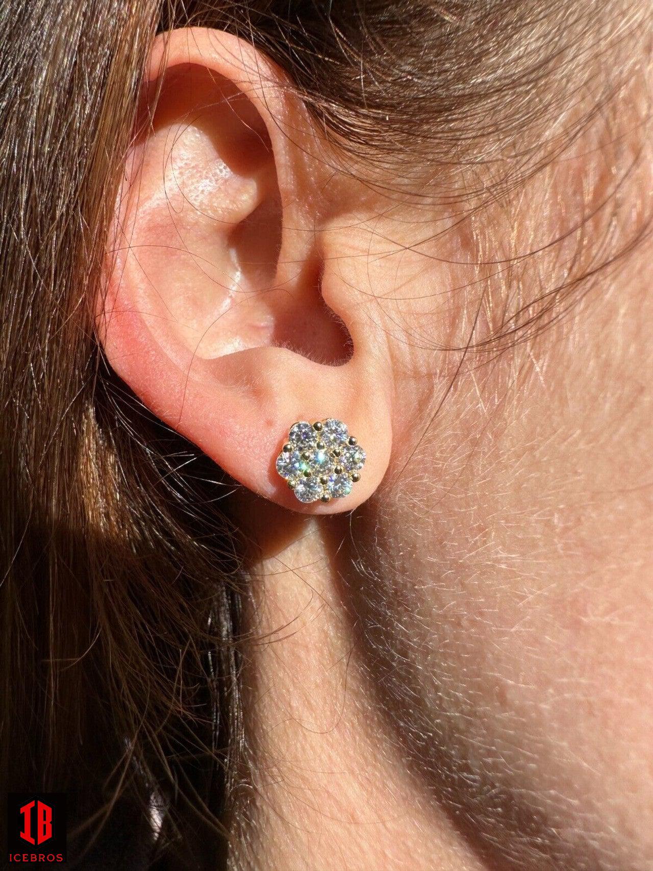 Moissanite Studs Iced Cluster Flower Set Earrings Real 14k Gold Over 925 Silver