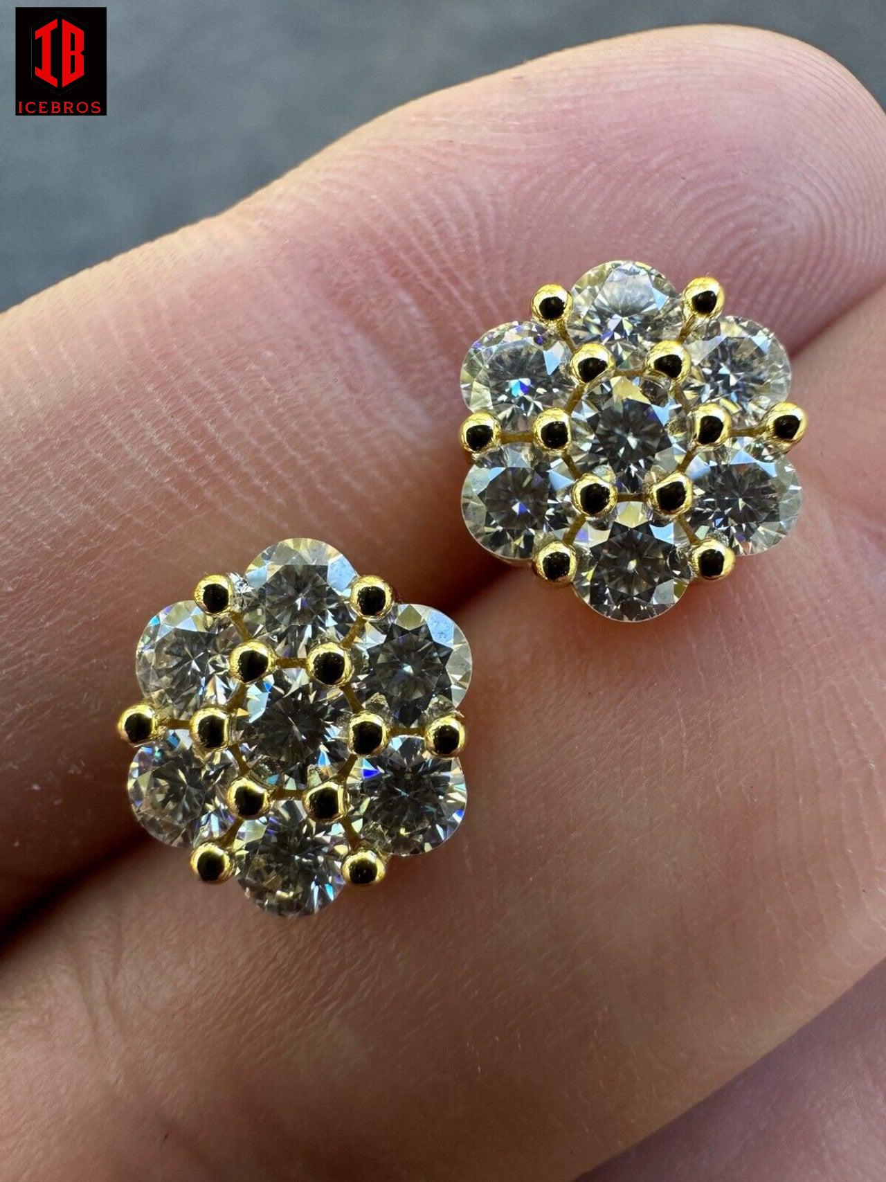 Moissanite Studs Iced Cluster Flower Set Earrings Real 14k Gold Over 925 Silver