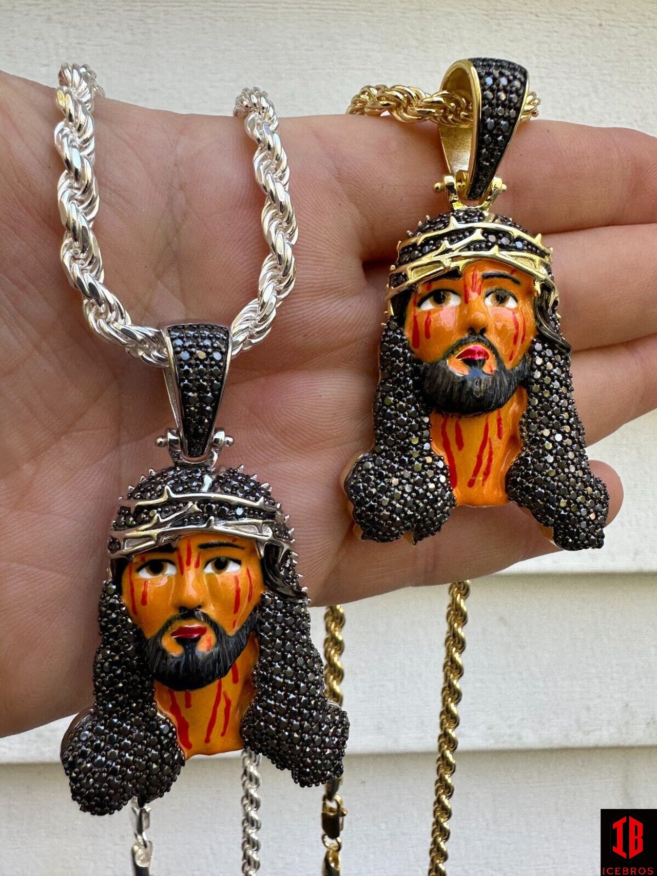 Black MOISSANITE Real 925 Silver / Gold Enamel Jesus Piece Pendant Necklace