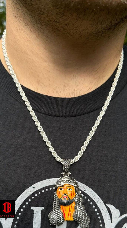 Black MOISSANITE Real 925 Silver / Gold Enamel Jesus Piece Pendant Necklace