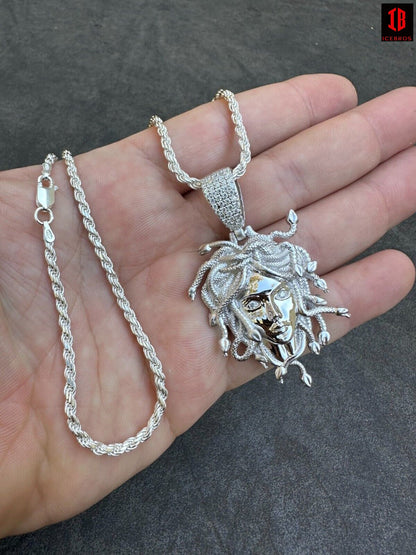 MOISSANITE Medusa Head Pendant - Iced Necklace Real Solid 925 Silver - 3 Sizes