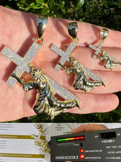 Real MOISSANITE Jesus Carrying Cross Pendant Iced Necklace 14k Gold & 925 Silver