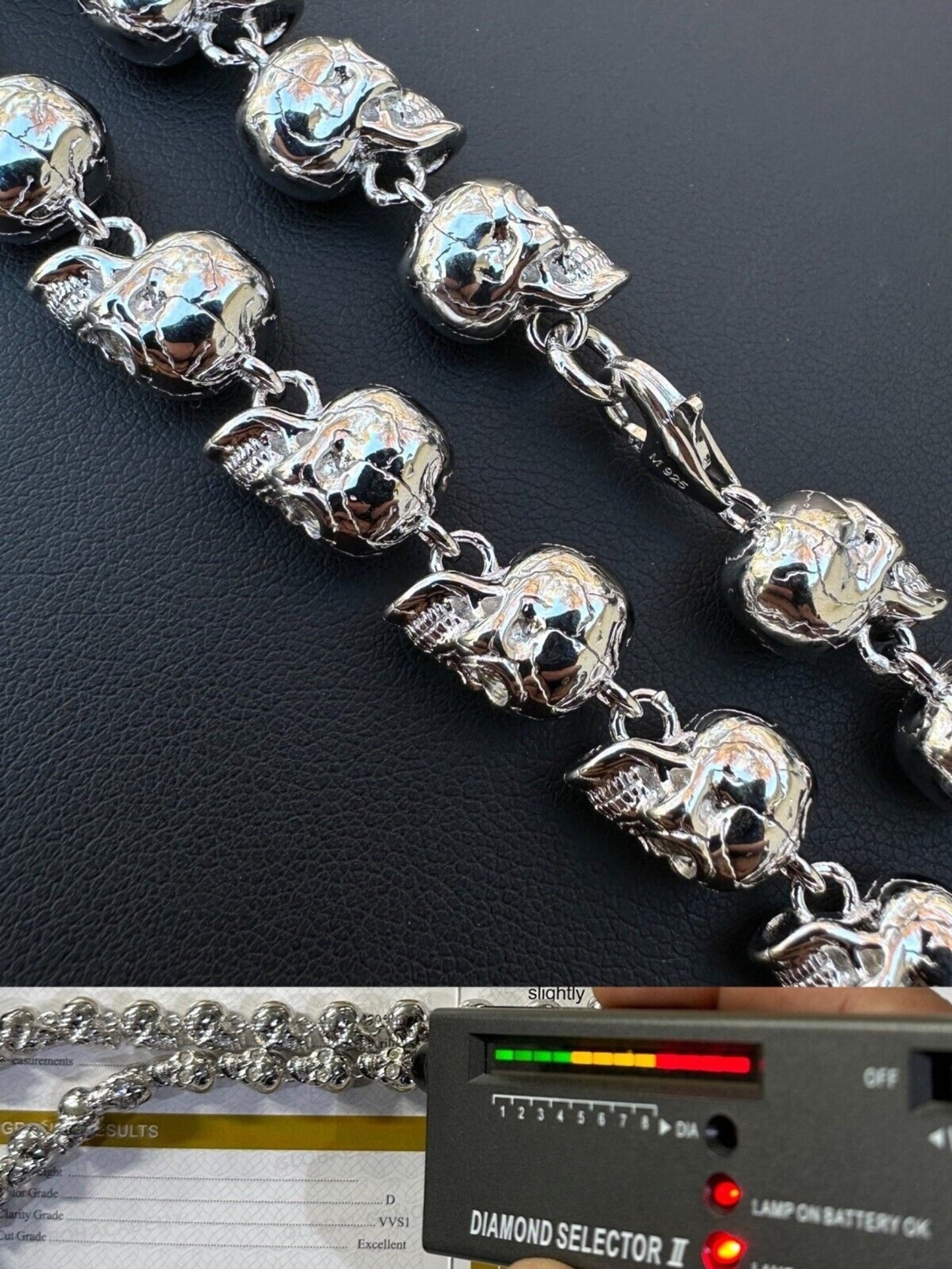 Solid 925 Sterling Silver Skull Death Link Flawless Moissanite Necklace