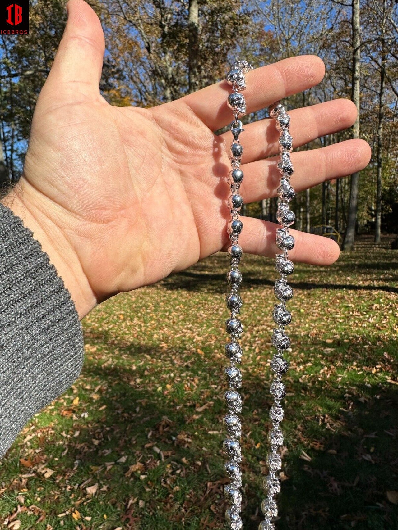 White Gold Skull Death Link Necklace In man's hand