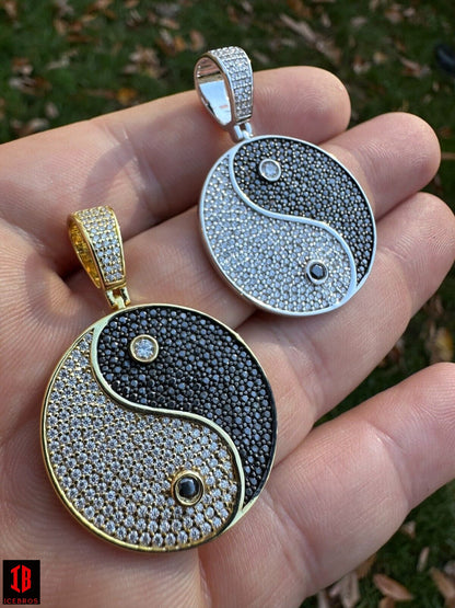 Ying Yang Pendent Necklace 925 Sterling Silver & Moissanite Chain 14k White & Yellow Gold