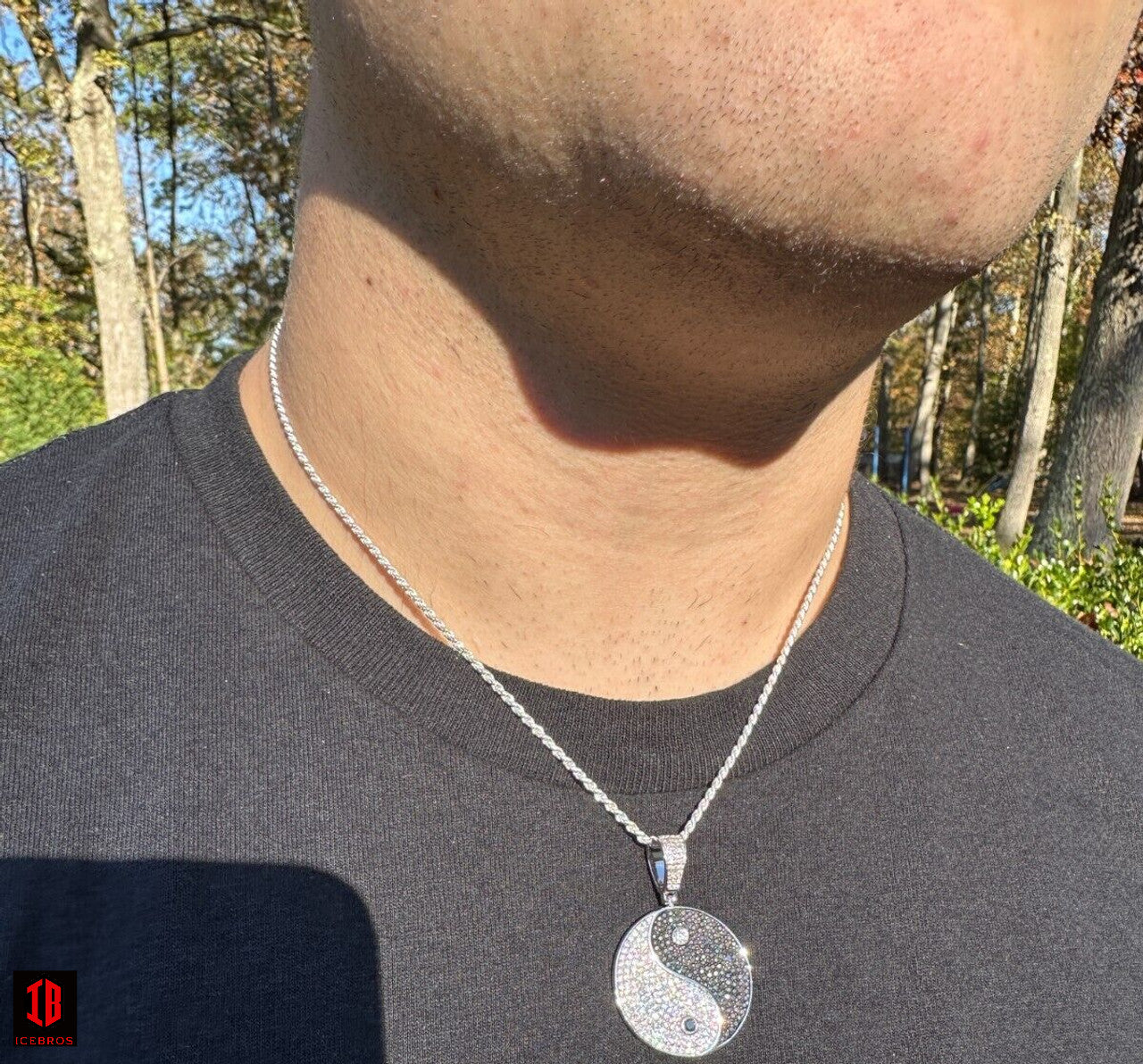 Men Model Wearing Shinning 14k White Gold Ying Yang Pendant Necklace With 14k White Gold Rope Chain 