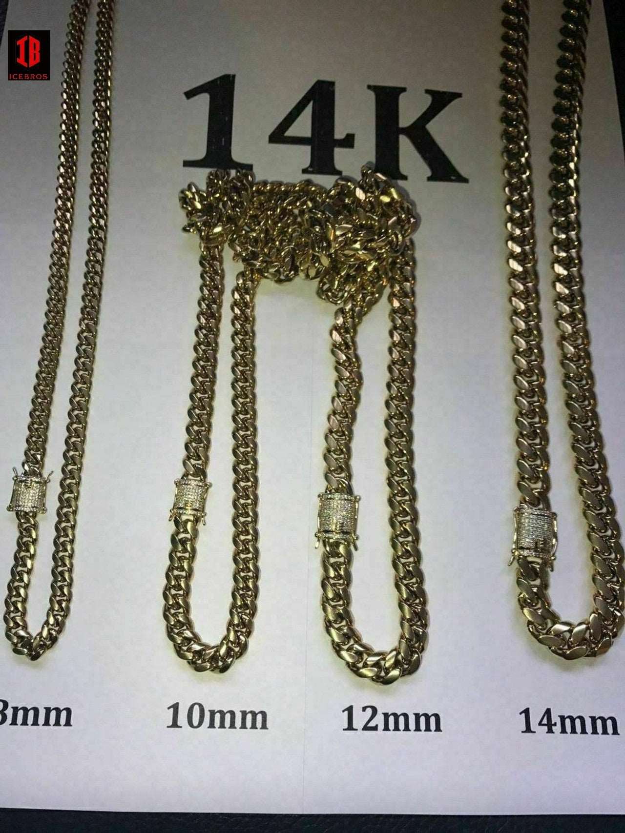 (14MM) 14K-18K Gold Plated Stainless Steel Cuban Link Chain CZ Diamond Lock 8-14MM