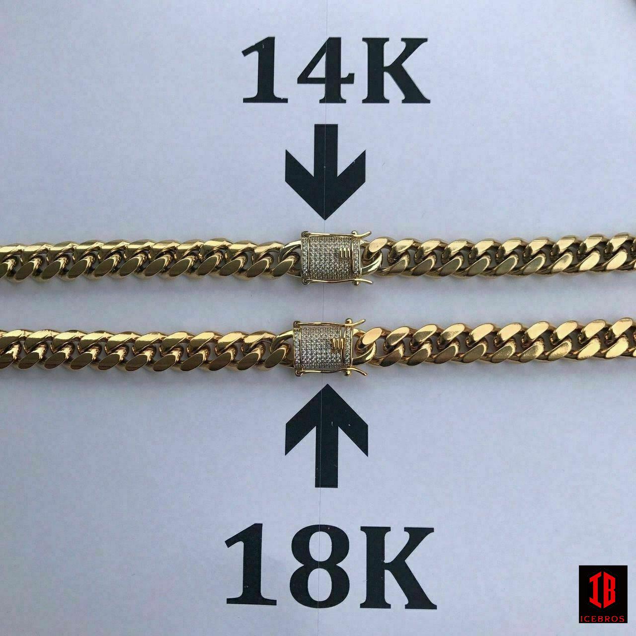 (10MM) 14K-18K Gold Plated Stainless Steel Cuban Link Chain CZ Diamond Lock 8-14MM