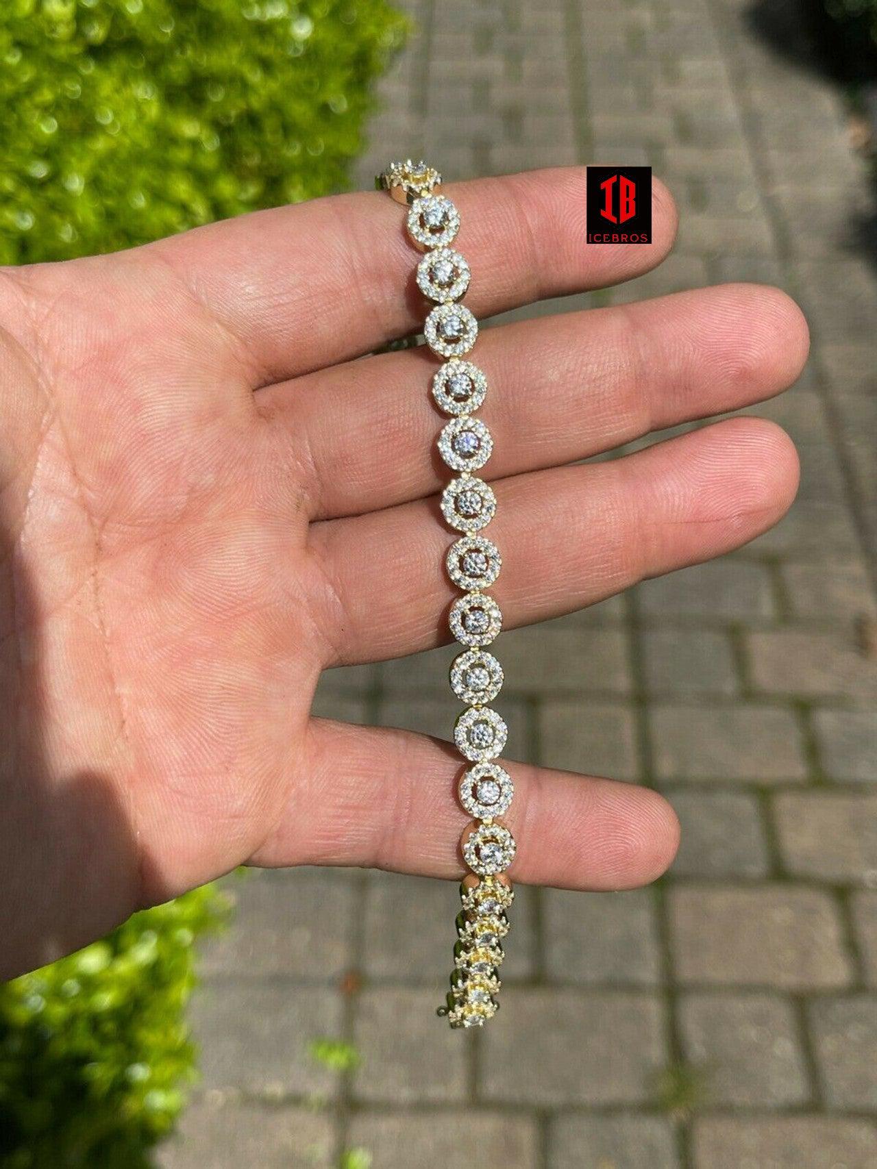 YELLOW GOLD Solid 925 Sterling Silver Tennis Bracelet Real Iced Flooded Out Diamond 7-8.5inch