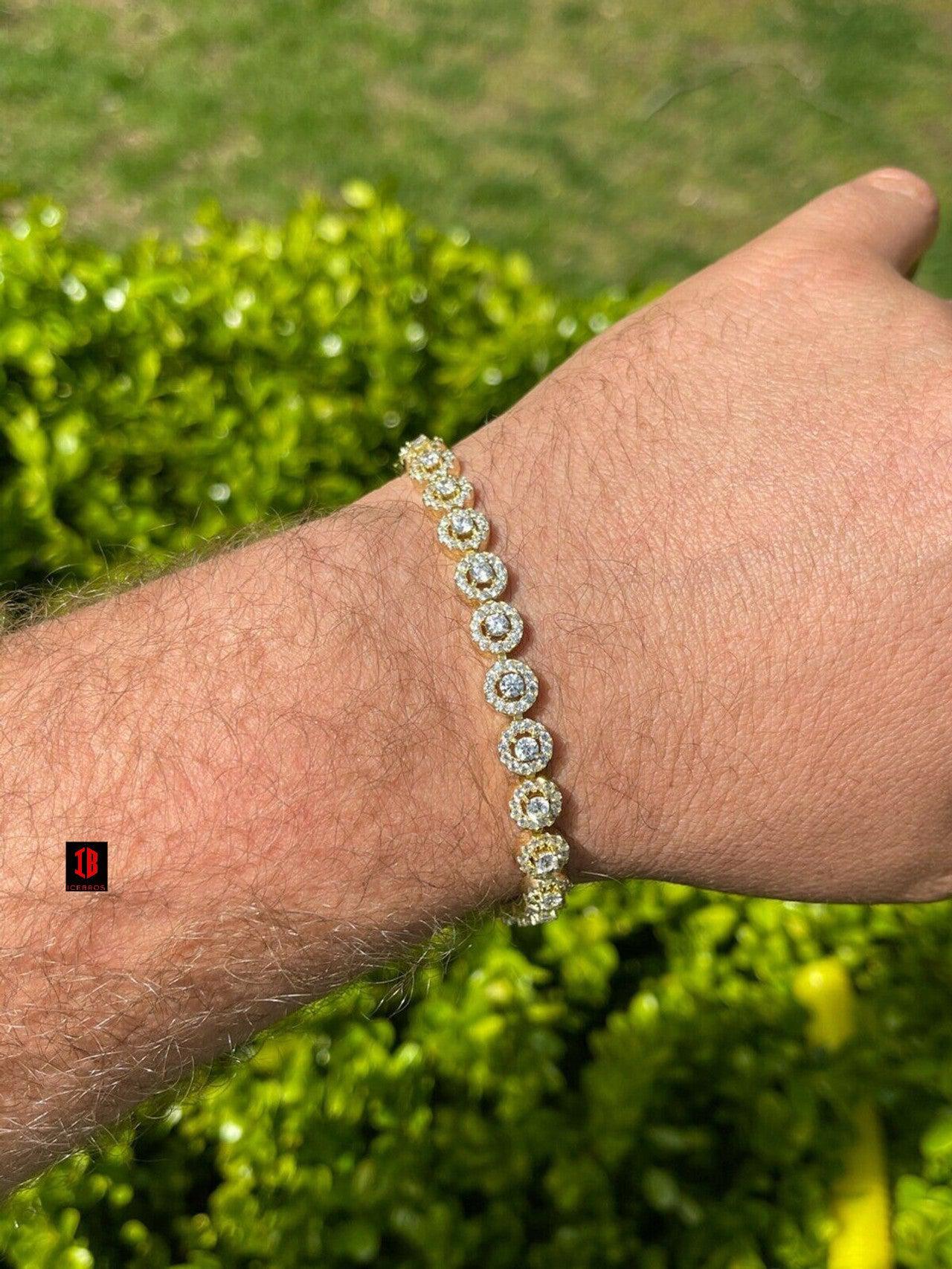 YELLOW GOLD Solid 925 Sterling Silver Tennis Bracelet Real Iced Flooded Out Diamond 7-8.5"