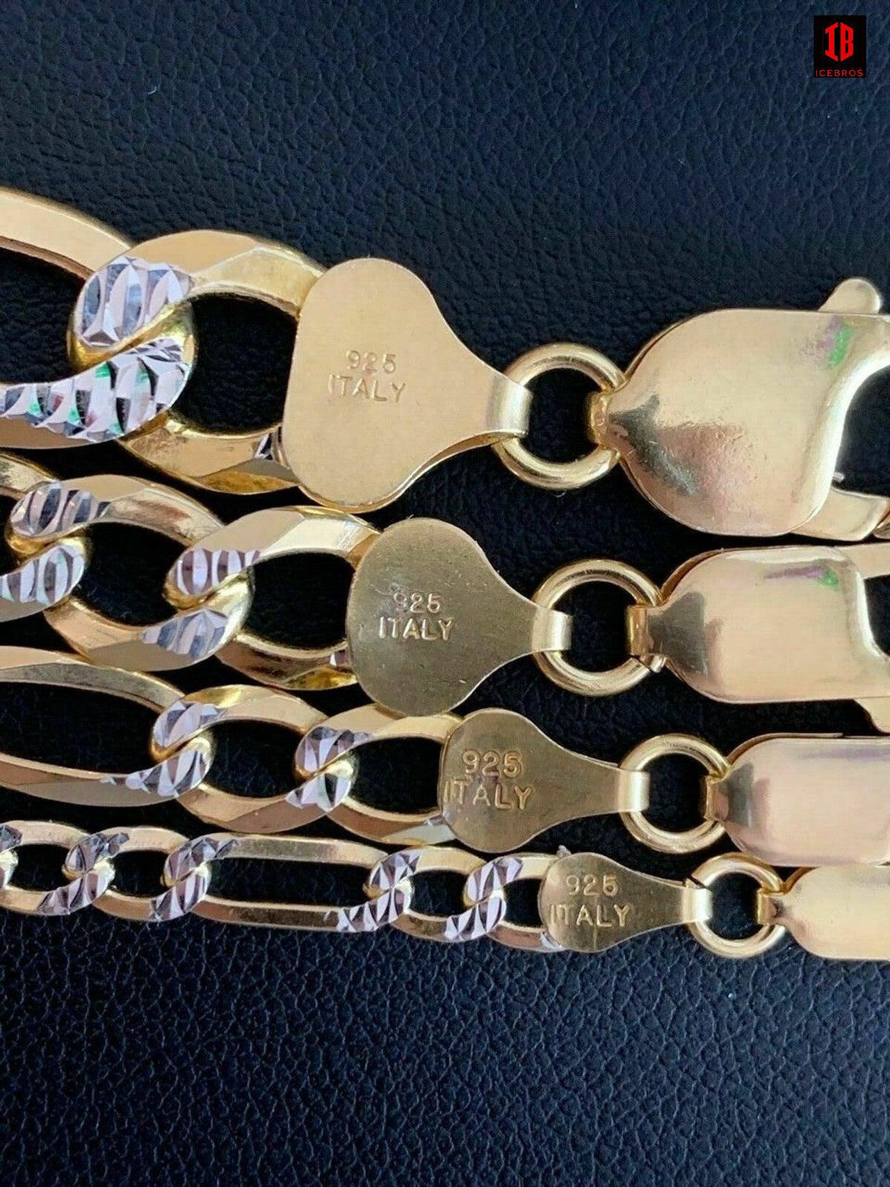 14k Gold & Solid 925 Sterling Silver Figaro Link Chain Two Tone Diamond Cut Bracelet (3mm-10mm)