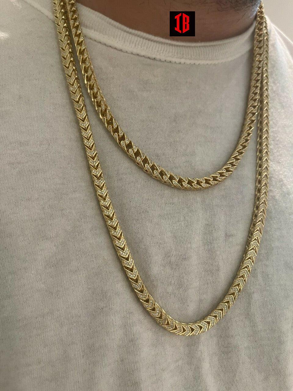14k YELLOW Gold Over Real 925 Silver Men's Franco Chain 6mm Thick ICED Diamond 18-30"