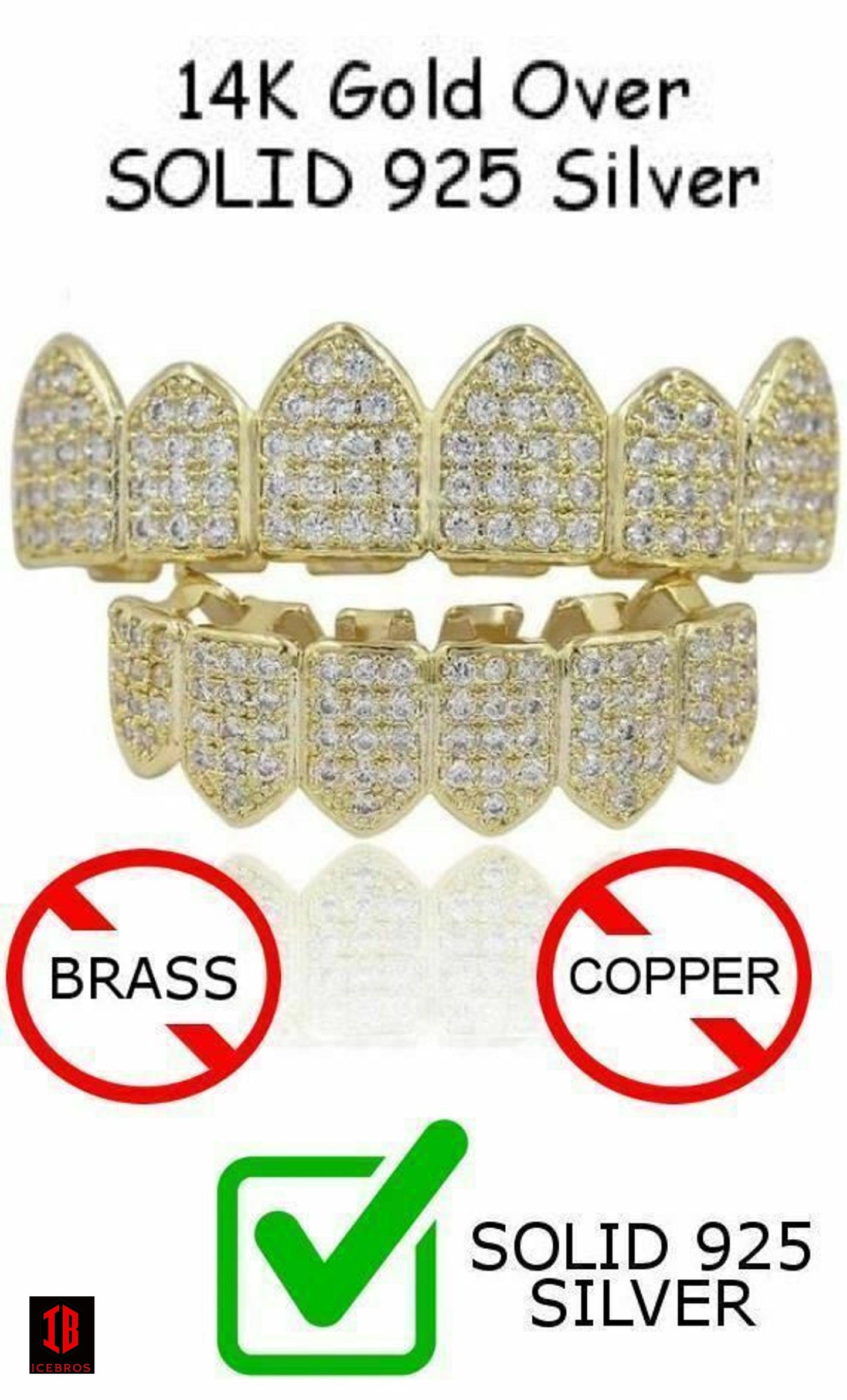 10k 14k Gold Over Fine SOLID 925 Silver CZ Diamond GRILLZ Teeth Top Bottom Hip Hop