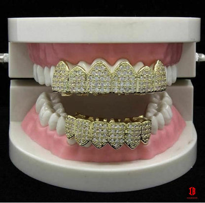 10k 14k Gold Over Fine SOLID 925 Silver CZ Diamond GRILLZ Teeth Top Bottom Hip Hop