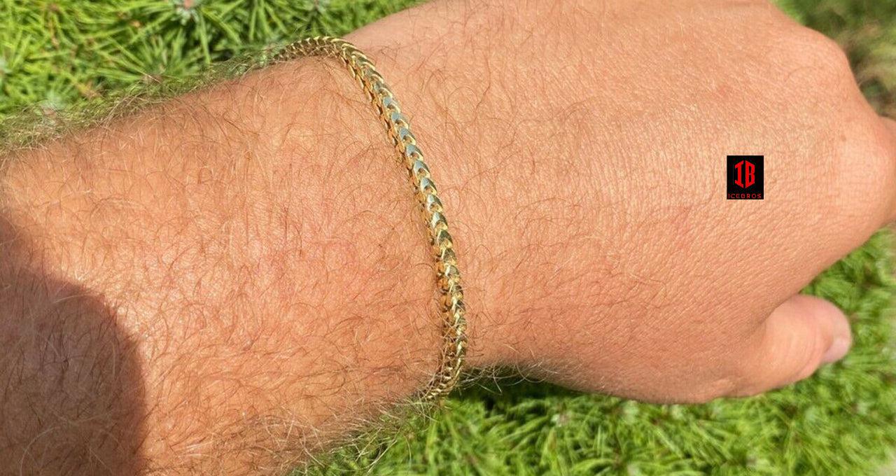 14k Gold Over Real Solid 925 Sterling Silver Franco Bracelet Mens HipHop (2-5mm)