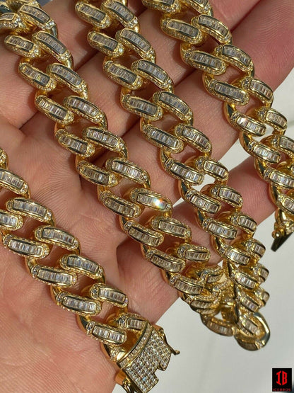 YELLOW GOLD Solid 925 Sterling Silver 12mm Baguette Diamond Miami Cuban Link Chain Necklace