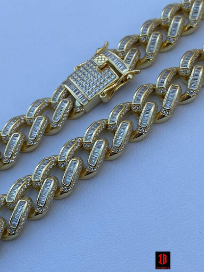 YELLOW GOLD Solid 925 Sterling Silver 12mm Baguette Diamond Miami Cuban Link Chain Necklace