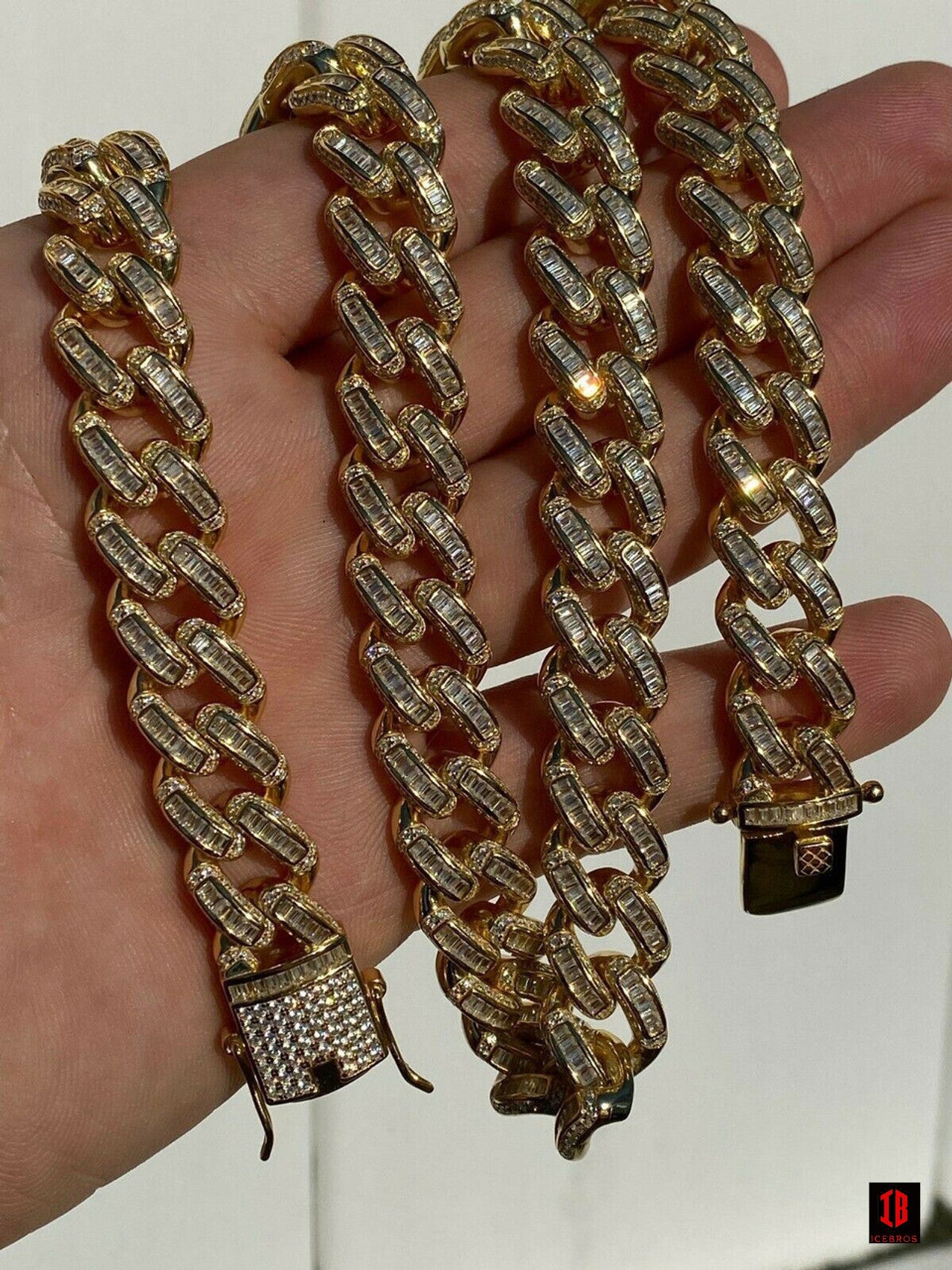 YELLOW GOLD Solid 925 Sterling Silver 12mm Baguette Diamond Miami Cuban Link Chain Necklace