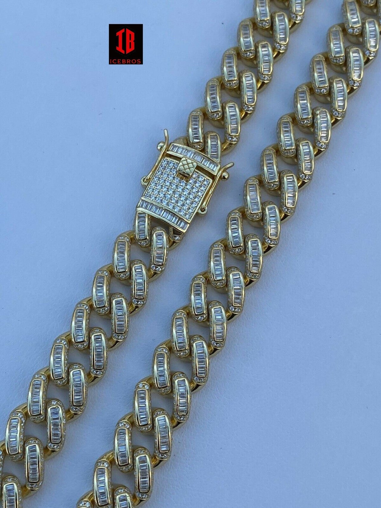 YELLOW GOLD Solid 925 Sterling Silver 12mm Baguette Diamond Miami Cuban Link Chain Necklace