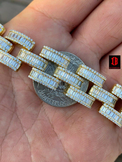 Real Solid 925 Silver Mens Custom Hip Hop Presidential Link Bracelet 14mm Iced