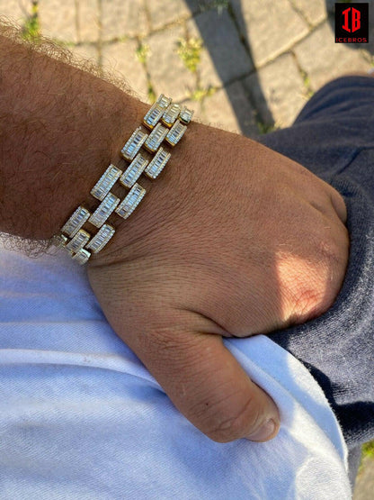 Real Solid 925 Silver Mens Custom Hip Hop Presidential Link Bracelet 14mm Iced