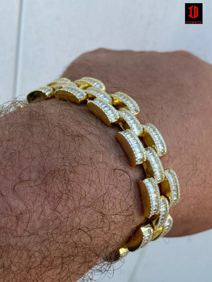 Yellow Real Solid 925 Silver Mens Custom Hip Hop Presidential Link Bracelet 14mm Iced