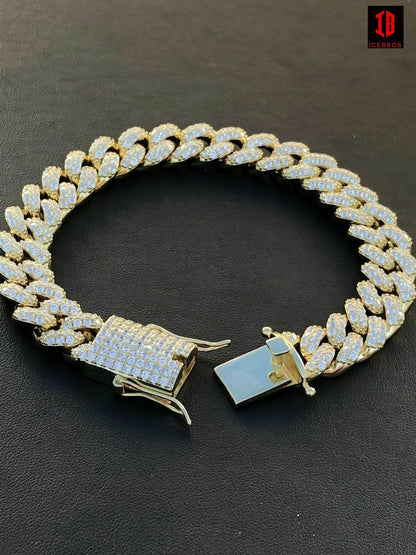 YELLOW GOLD Real Miami Cuban Link Bracelet Iced Diamond Out Solid 925 Sterling Silver HEAVY