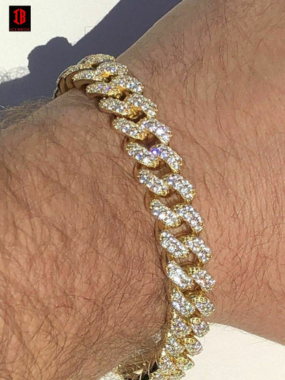 YELLOW GOLD Real Miami Cuban Link Bracelet Iced Diamond Out Solid 925 Sterling Silver HEAVY