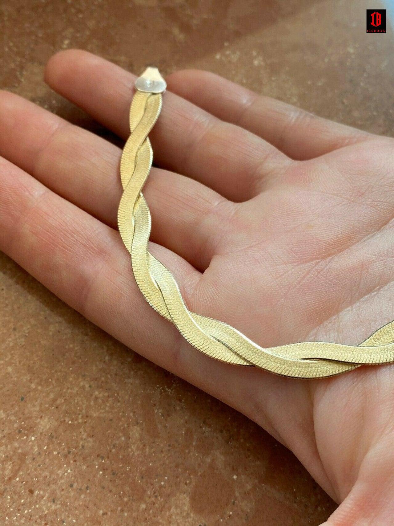 14k Gold Over Solid 925 Silver Twisted Braided Herringbone Bracelet 6inch - 8.5inch