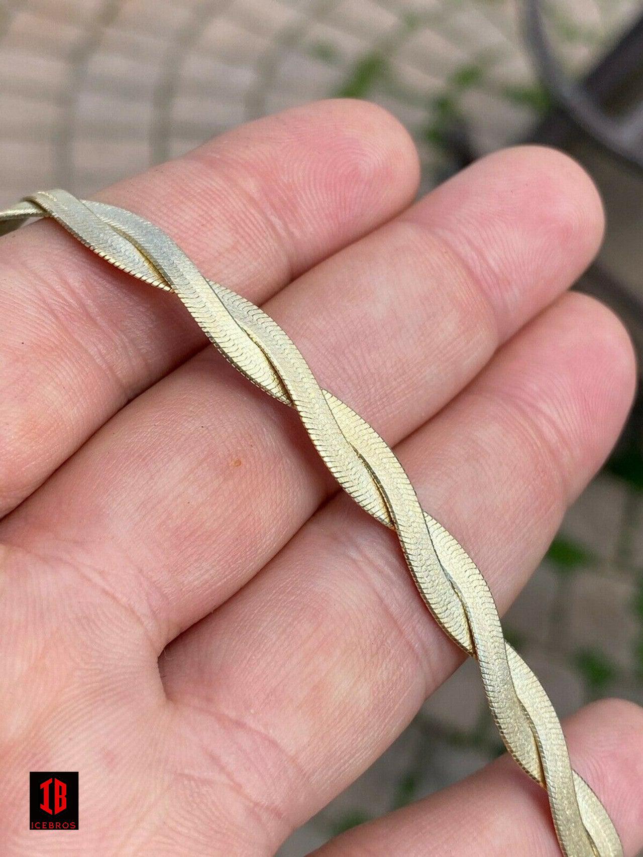 14k Gold Over Solid 925 Silver Twisted Braided Herringbone Bracelet 6inch - 8.5inch