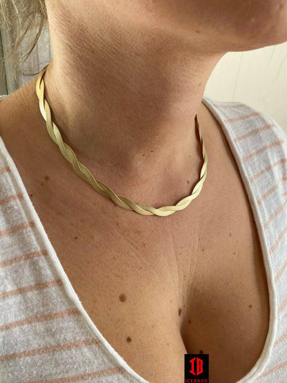 7mm Thick Solid 925 Silver Twisted Braided Herringbone Chain Necklace 16" - 20" (WHITE GOLD)