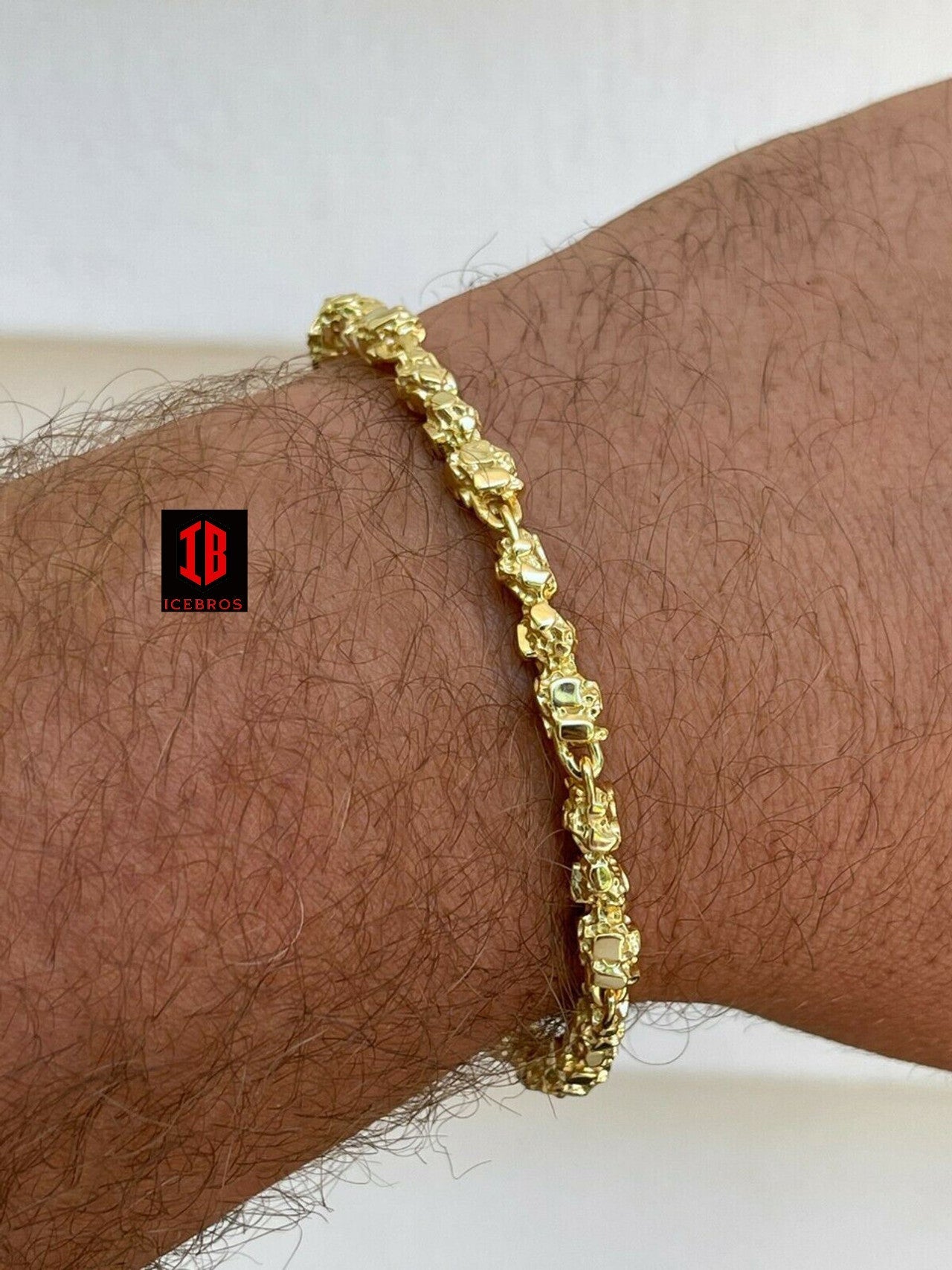 men's 14k Gold Over Solid 925 Sterling Silver Gold Nugget Link Bracelet 7-8.5inch (5.5mm)