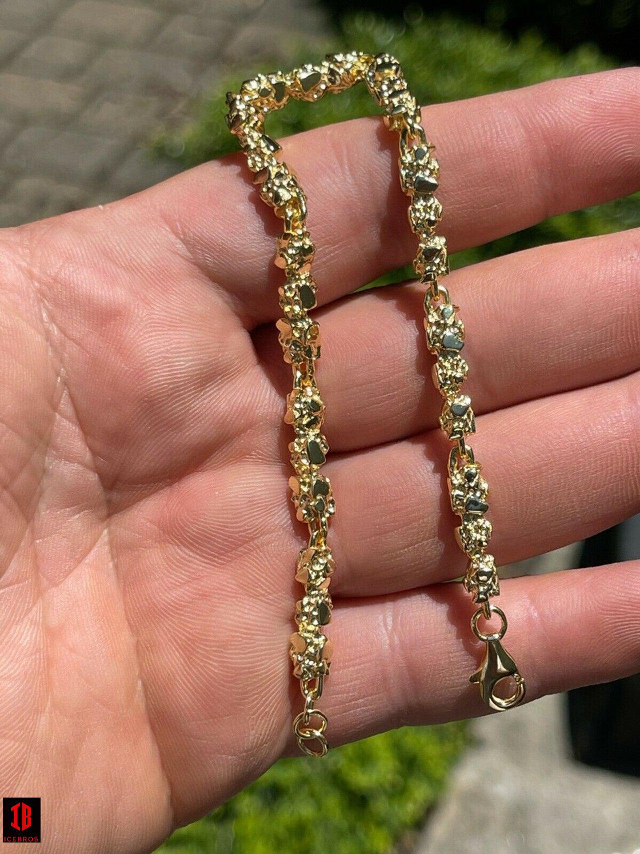 men's 14k Gold Over Solid 925 Sterling Silver Gold Nugget Link Bracelet 7-8.5inch (5.5mm)